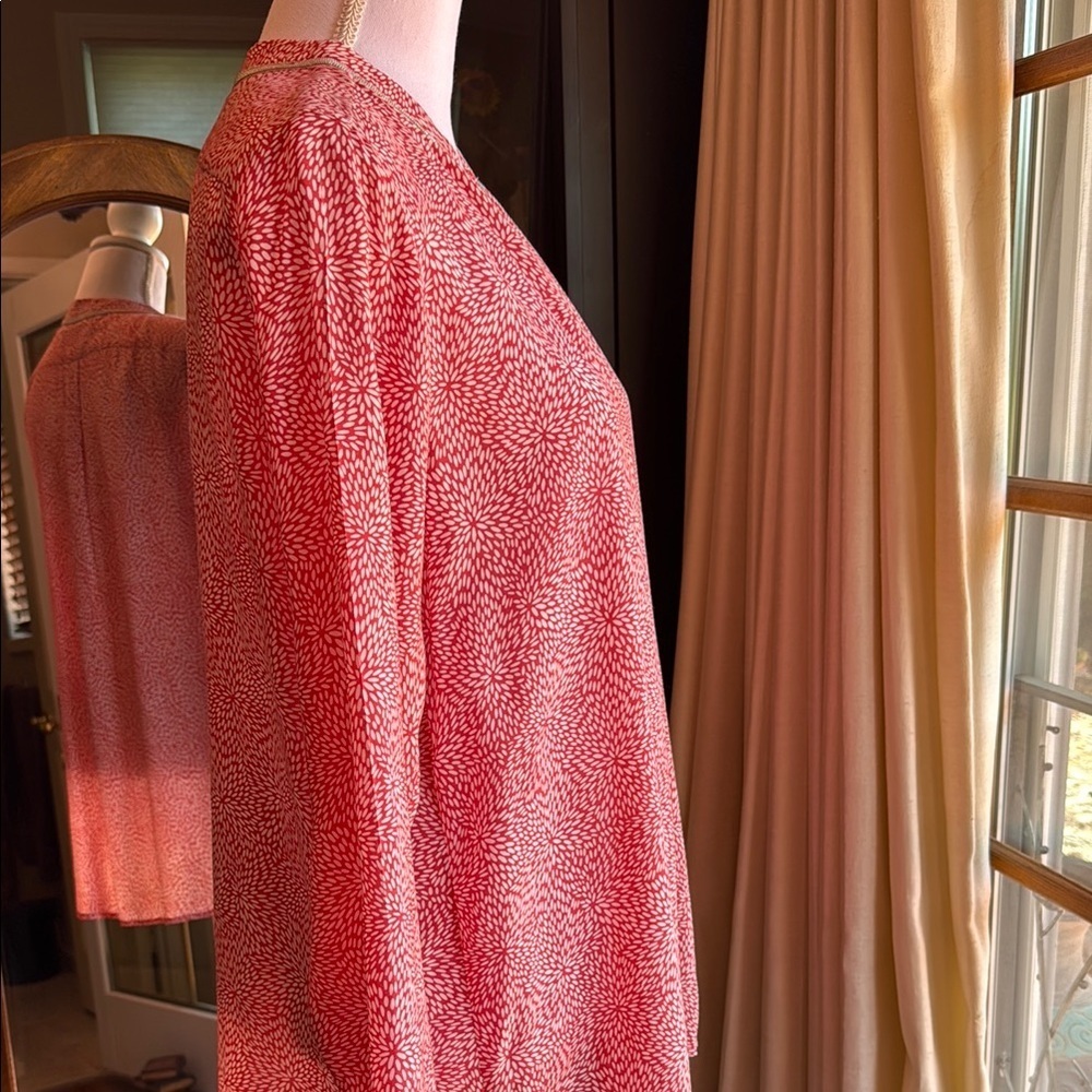 Red Long Sleeve Relaxed Blouse with Beaded Mandarin Collar - Picture 7 of 13